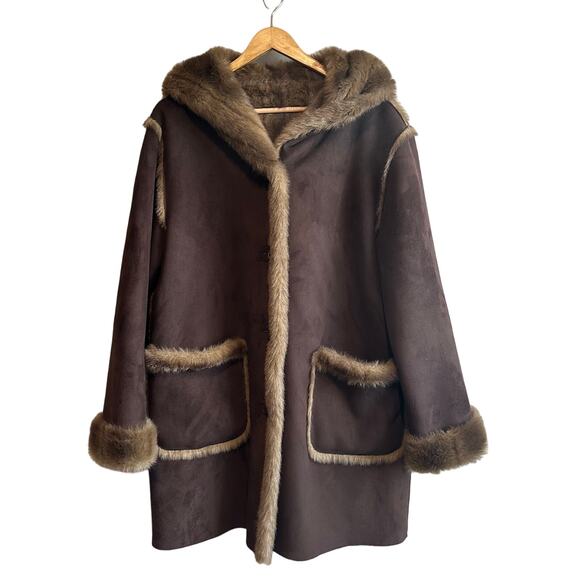 Dennis Basso Reversible Faux Suede and Fur Hooded Coat Brown M - Picture 2 of 14